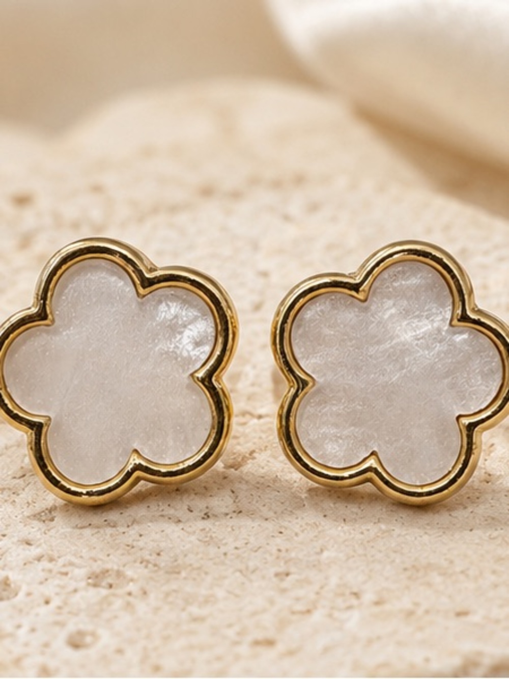 Designer-Inspired White Pearlescent Clover Stud Earrings